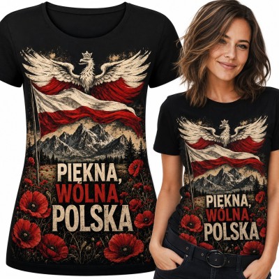 Koszulka damska patriotyczna „Piękna, wolna, Polska” z orłem, flagą i makami