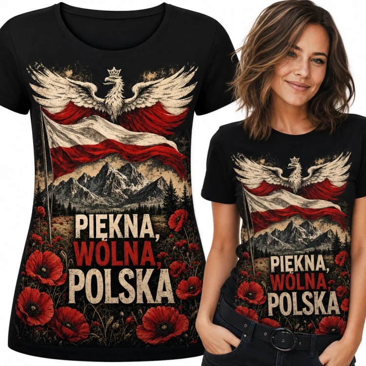 Koszulka damska patriotyczna „Piękna, wolna, Polska” z orłem, flagą i makami