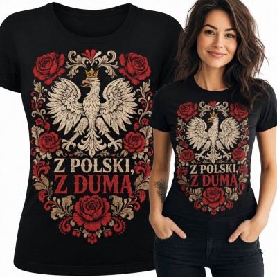 Koszulka damska z orłem w koronie i różami - „Z Polski, z dumą”