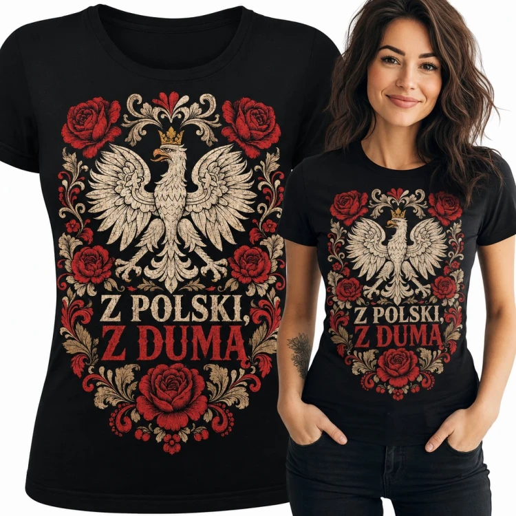 Koszulka damska z orłem w koronie i różami - „Z Polski, z dumą”