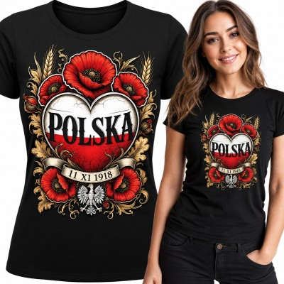 Koszulka damska „Polska” - serce w barwach narodowych z makami i datą 11 XI 1918