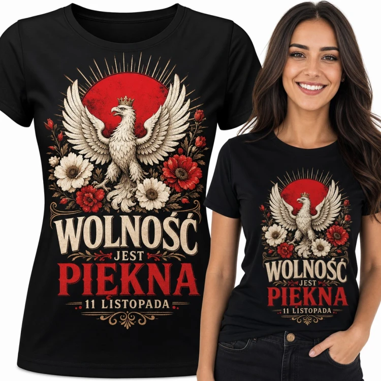 Koszulka damska „Wolność jest piękna” - orzeł w koronie z kwiatami na 11 listopada