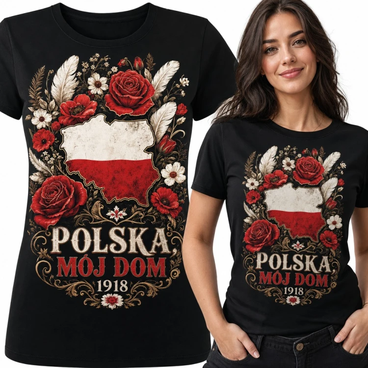 Koszulka damska „Polska, mój dom 1918” - mapa w barwach narodowych wśród róż i maków