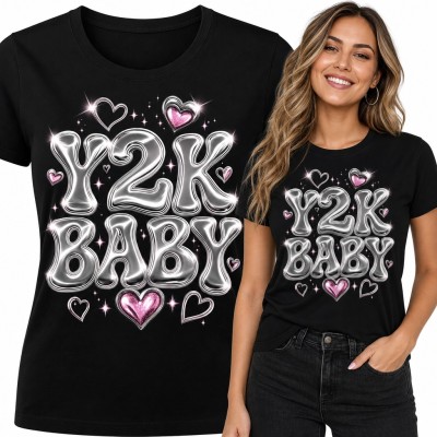 Koszulka damska „Y2K Baby” - chromowany napis z różowymi serduszkami