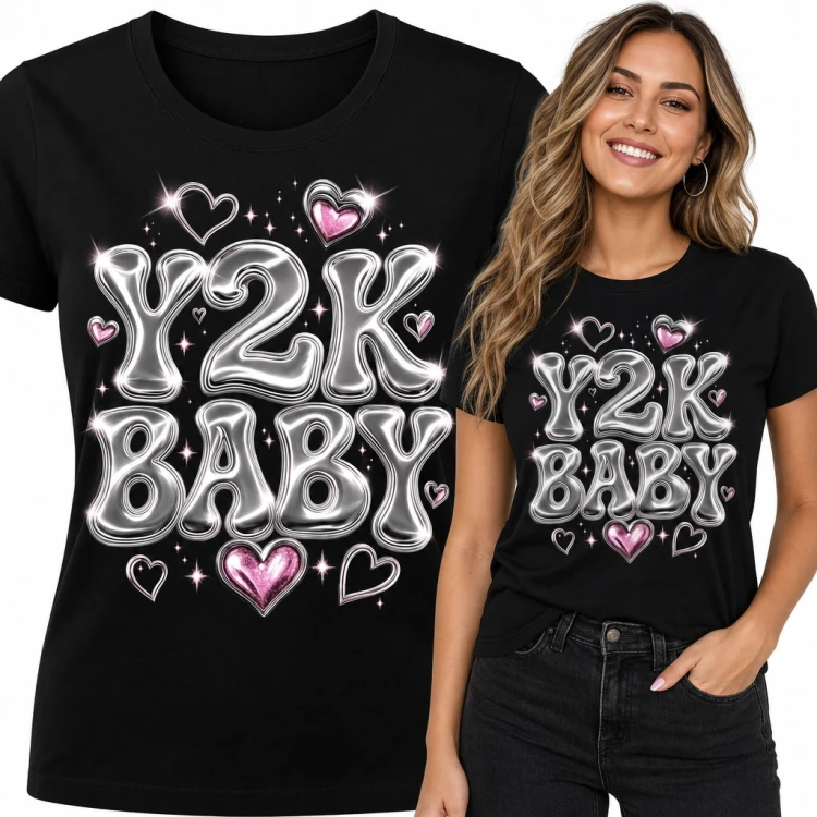 Koszulka damska „Y2K Baby” - chromowany napis z różowymi serduszkami