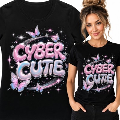 Koszulka damska „Cyber Cutie” - pastelowy napis Y2K z motylami i gwiazdkami