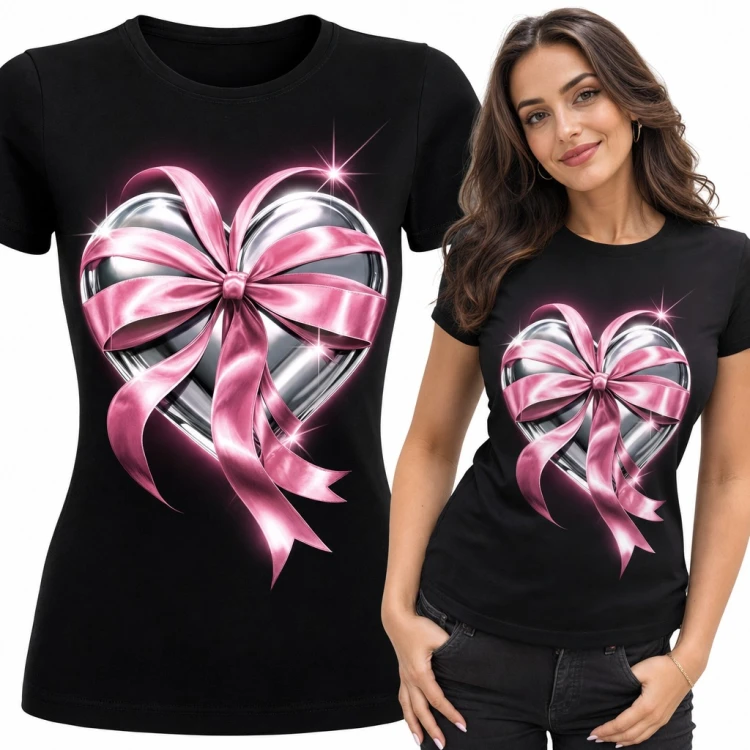 Koszulka damska z chromowanym sercem i różową kokardą