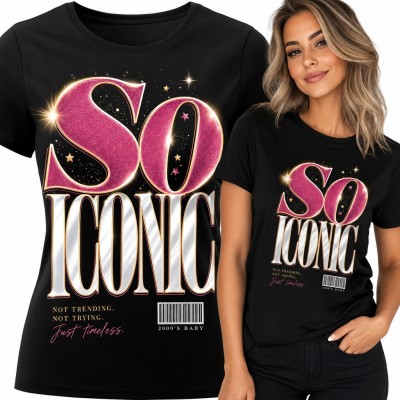 Koszulka damska „So iconic” - glamour napis z różowym brokatem i gwiazdkami