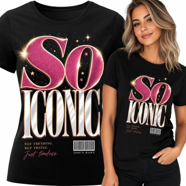 Koszulka damska „So iconic” - glamour napis z różowym brokatem i gwiazdkami