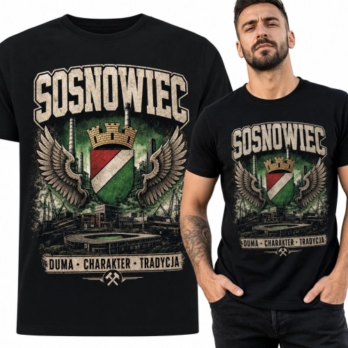 Koszulka męska „Sosnowiec” - herb, industrialna panorama i „Duma · Charakter · Tradycja”