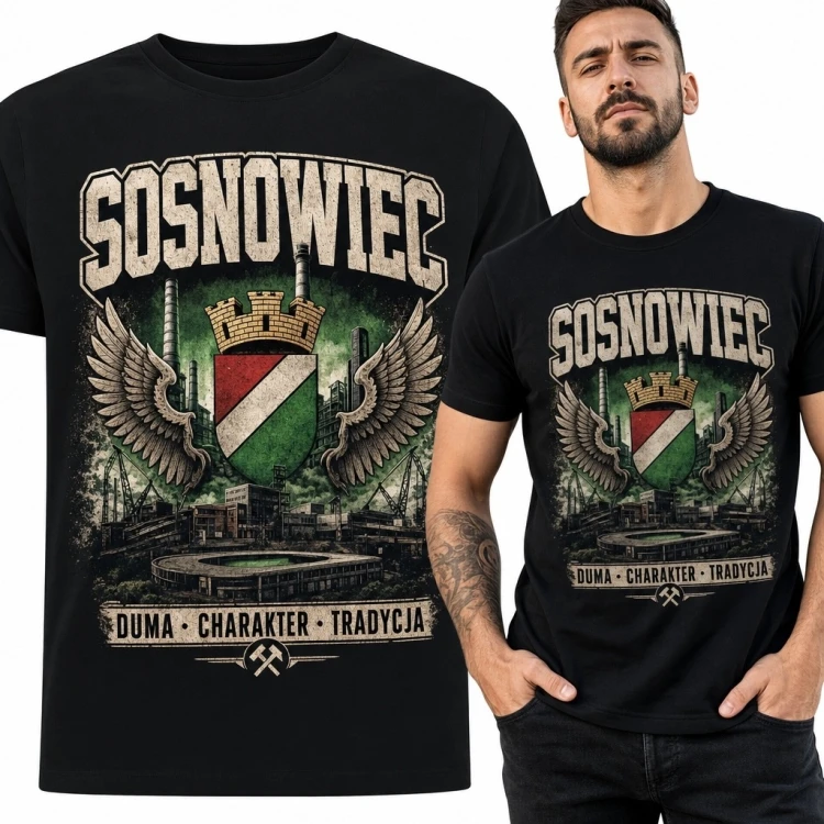 Koszulka męska „Sosnowiec” - herb, industrialna panorama i „Duma · Charakter · Tradycja”