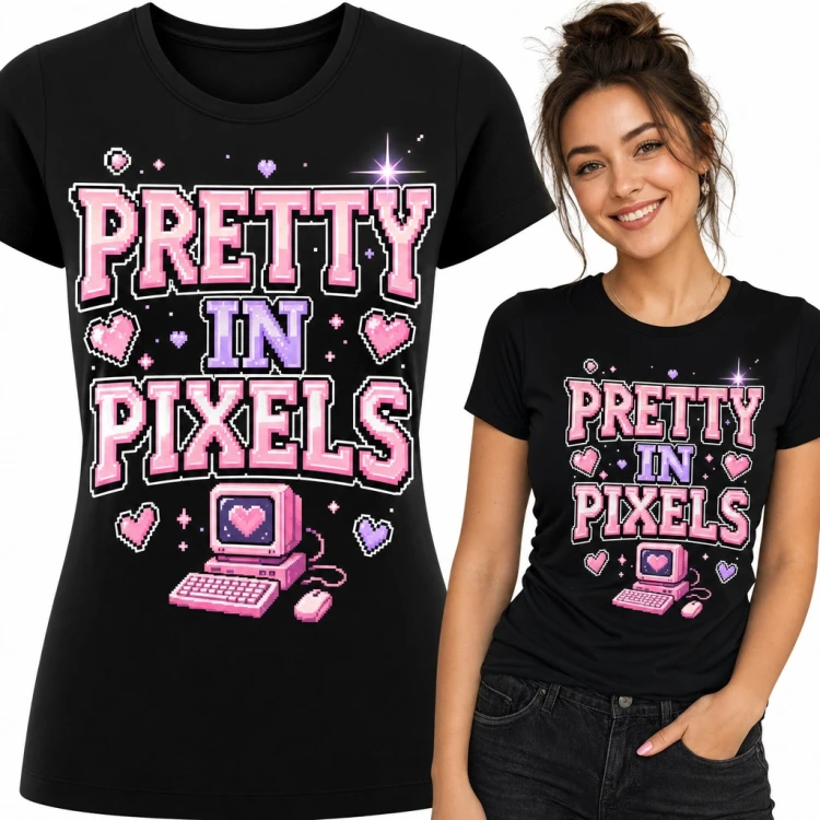 Koszulka damska „Pretty in pixels” - różowy pixel art z retro komputerem dla gamerki