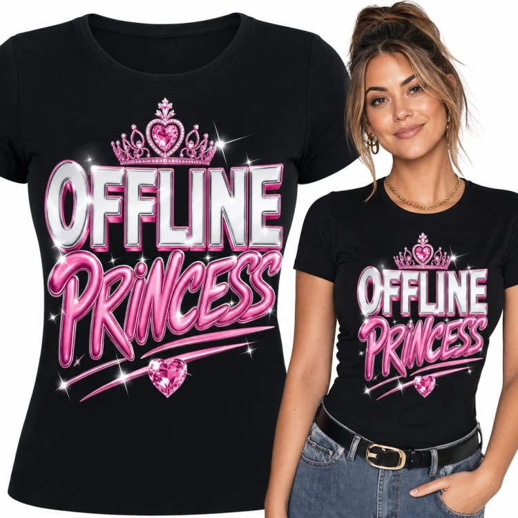 Koszulka damska „Offline Princess” - różowa korona i diamentowe serce w stylu Y2K