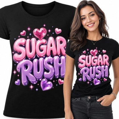 Koszulka damska „Sugar rush” - cukierkowe litery 3D z kryształowymi serduszkami