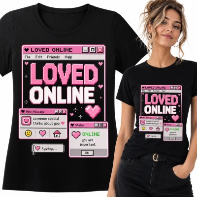 Koszulka damska „Loved Online” - retro okna komputera w stylu pixel art z sercami