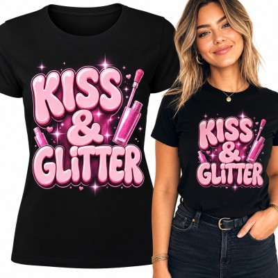 Koszulka damska „Kiss & Glitter” - różowe litery z błyszczykiem do ust