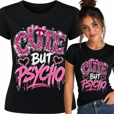Koszulka damska „Cute but psycho” - różowa panterka, kokarda i serca z drutu kolczastego