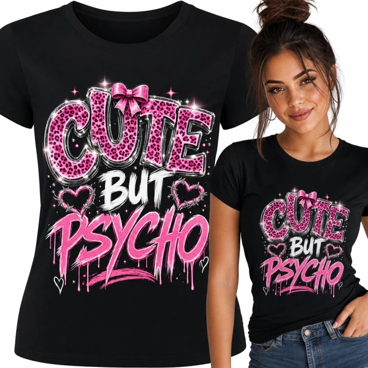 Koszulka damska „Cute but psycho” - różowa panterka, kokarda i serca z drutu kolczastego