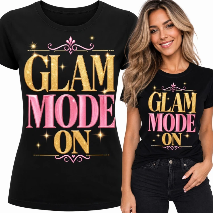 Koszulka damska „Glam mode on” - złoto-różowy napis z ornamentami
