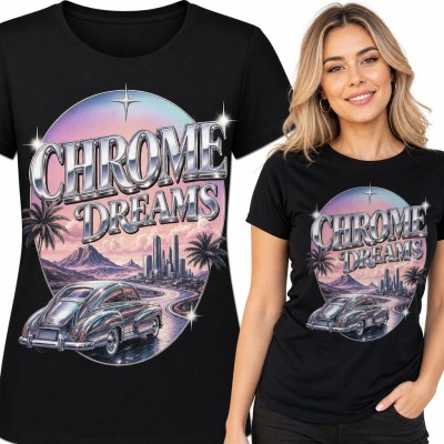 Koszulka damska „Chrome Dreams” - chromowany oldtimer na tle palm i miasta