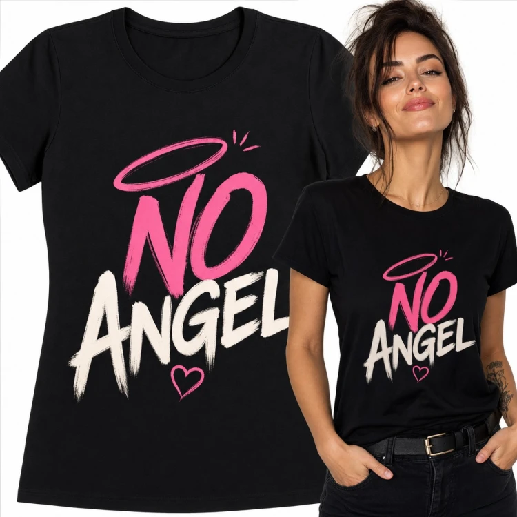 Koszulka damska „No Angel” - różowa aureola i serduszko w stylu pędzla