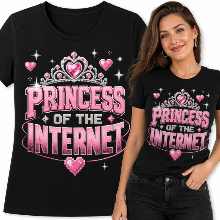 Koszulka damska „Princess of the Internet” - pikselowy diadem i różowe serca