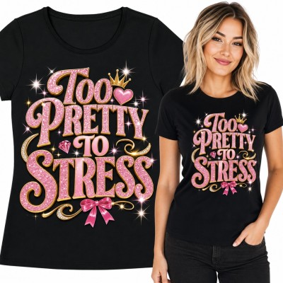 Koszulka damska „Too Pretty to Stress” - różowy brokat z koroną i kokardą