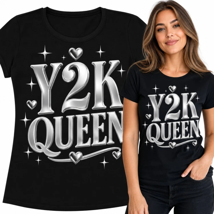 Koszulka damska „Y2K Queen” - chromowany napis z sercami w stylu lat 2000
