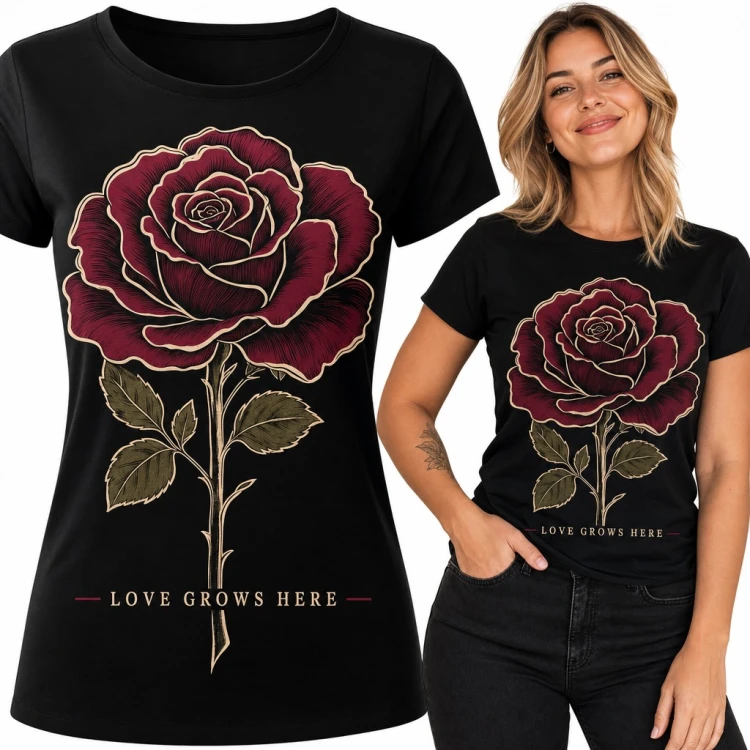 Koszulka damska z bordową różą i napisem „Love grows here”