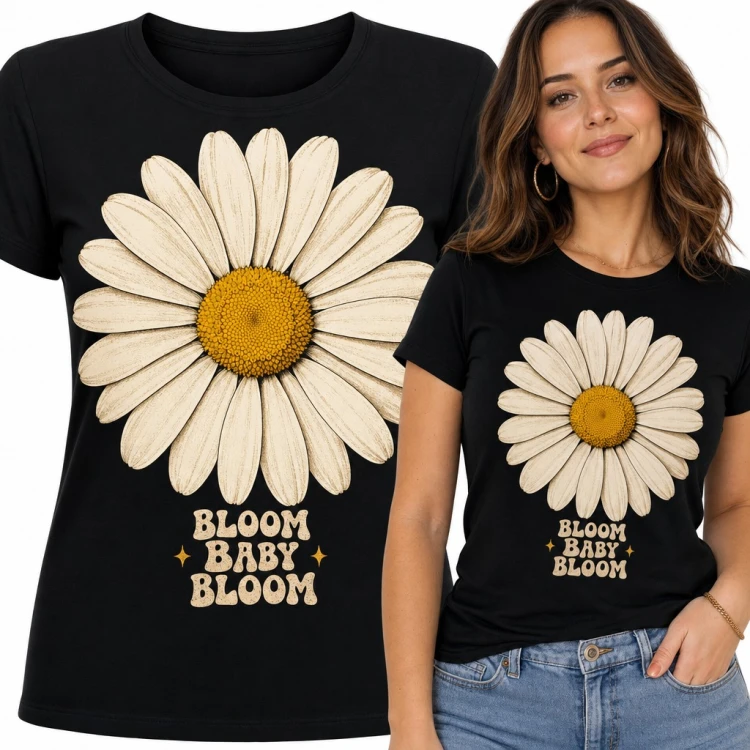 Koszulka damska ze stokrotką i napisem „Bloom baby bloom” w stylu retro