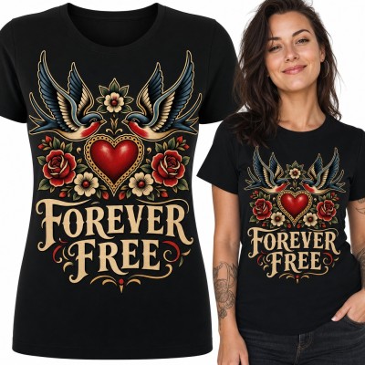 Koszulka damska tatuażowa old school z jaskółkami, sercem i różami „Forever Free”