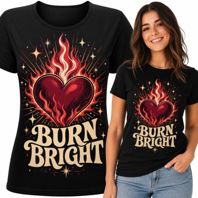 Koszulka damska płonące serce w płomieniach z gwiazdami „Burn bright”