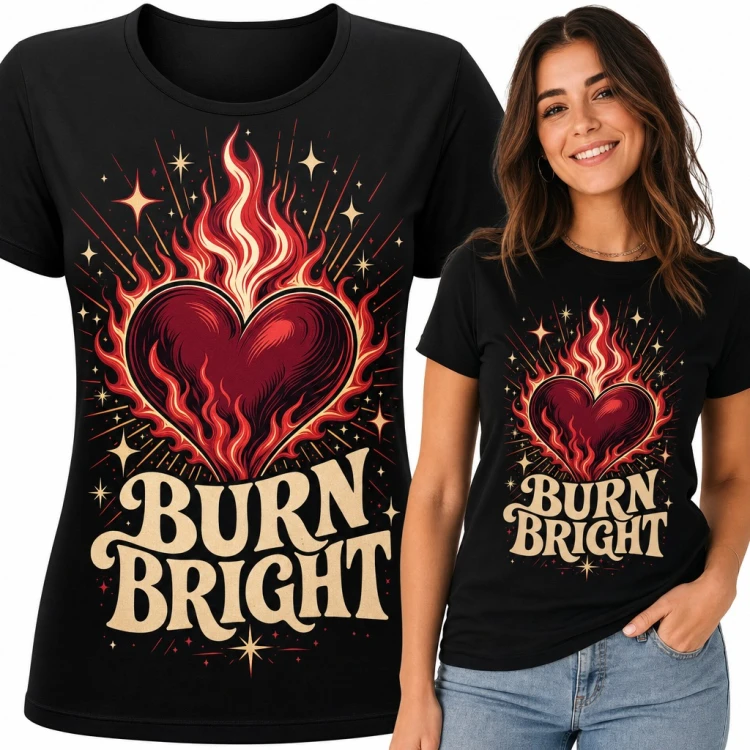 Koszulka damska płonące serce w płomieniach z gwiazdami „Burn bright”