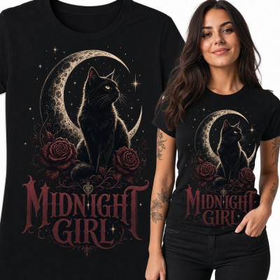 Koszulka damska „Midnight Girl” - czarny kot na tle półksiężyca i róż