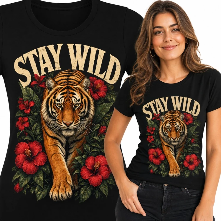 Koszulka damska z tygrysem i czerwonymi hibiskusami „Stay wild”