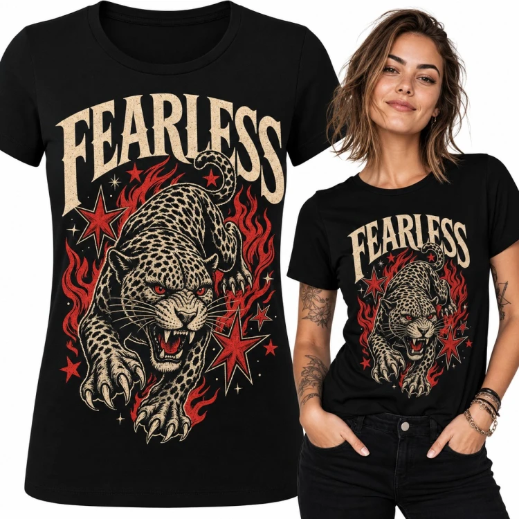 Koszulka damska „Fearless” - lampart w płomieniach w stylu tattoo