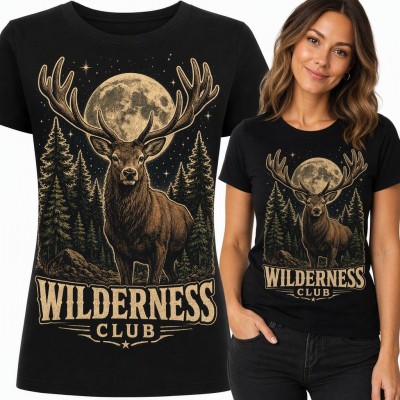 Koszulka damska „Wilderness Club” - jeleń w świerkowym lesie przy pełni księżyca