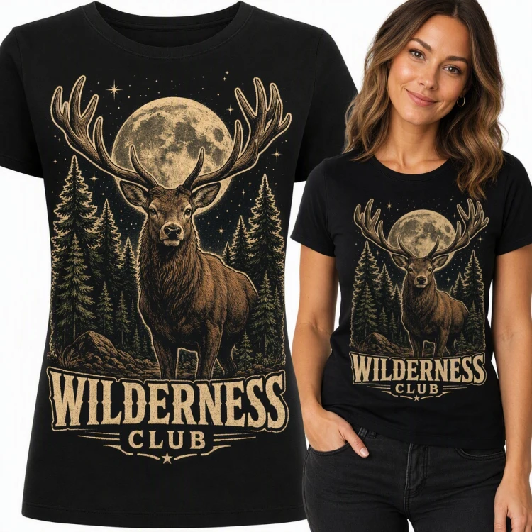 Koszulka damska „Wilderness Club” - jeleń w świerkowym lesie przy pełni księżyca
