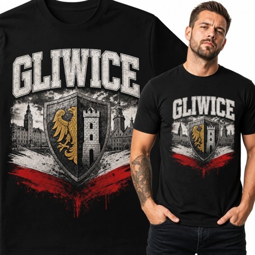 Koszulka męska „Gliwice” - panorama miasta i heraldyczna tarcza vintage