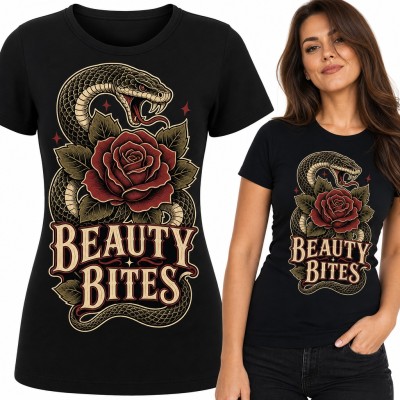 Koszulka damska wąż z różą w stylu tattoo „Beauty Bites”