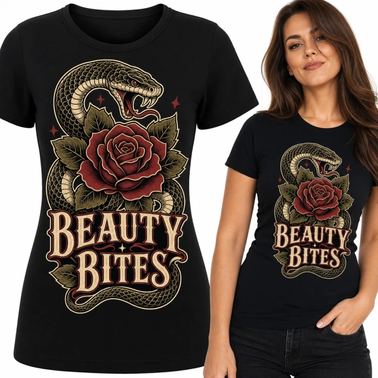 Koszulka damska wąż z różą w stylu tattoo „Beauty Bites”