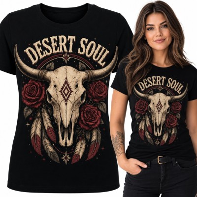 Koszulka damska „Desert Soul” - czaszka byka z różami i piórami w stylu boho