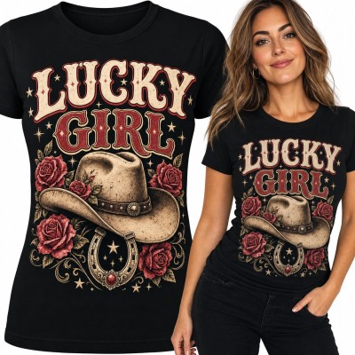 Koszulka damska „Lucky Girl” - kowbojski kapelusz, podkowa i róże w stylu western