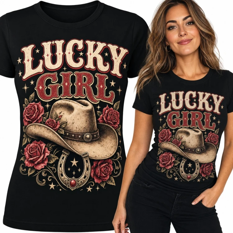 Koszulka damska „Lucky Girl” - kowbojski kapelusz, podkowa i róże w stylu western