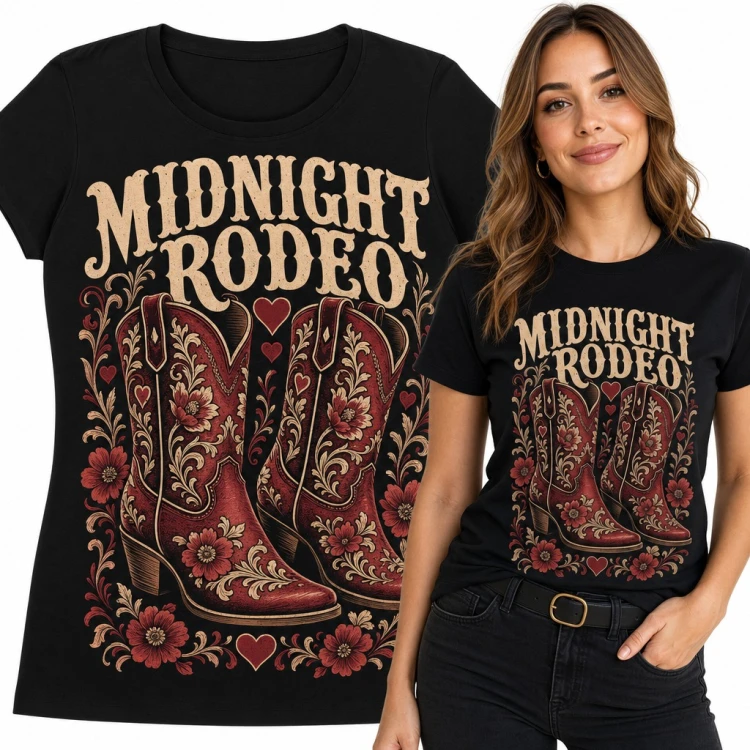 Koszulka damska „Midnight Rodeo” - czerwone kowbojki w kwiatowym ornamencie