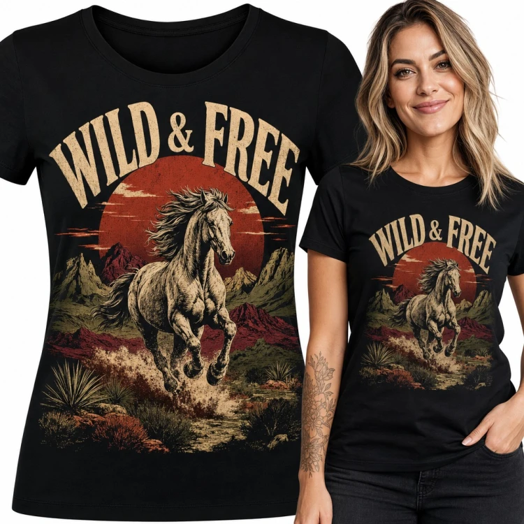 Koszulka damska „Wild & Free” - galopujący mustang i czerwone słońce western