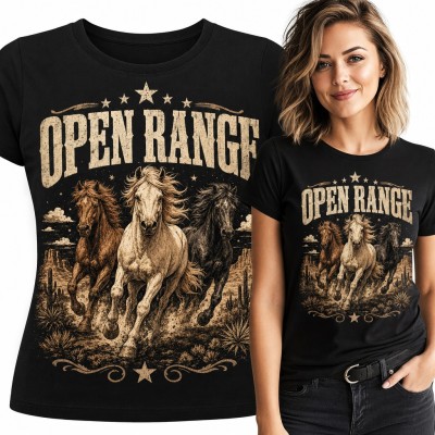 Koszulka damska „Open Range” - trzy galopujące mustangi w stylu western