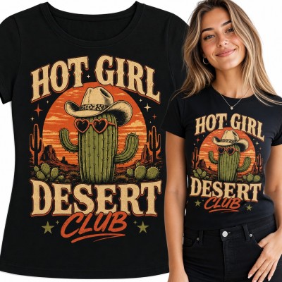 Koszulka damska „Hot Girl Desert Club” - kaktus w kowbojskim kapeluszu i okularach-sercach