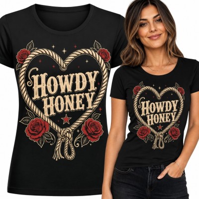 Koszulka damska „Howdy Honey” - westernowe serce z lassa i czerwone róże