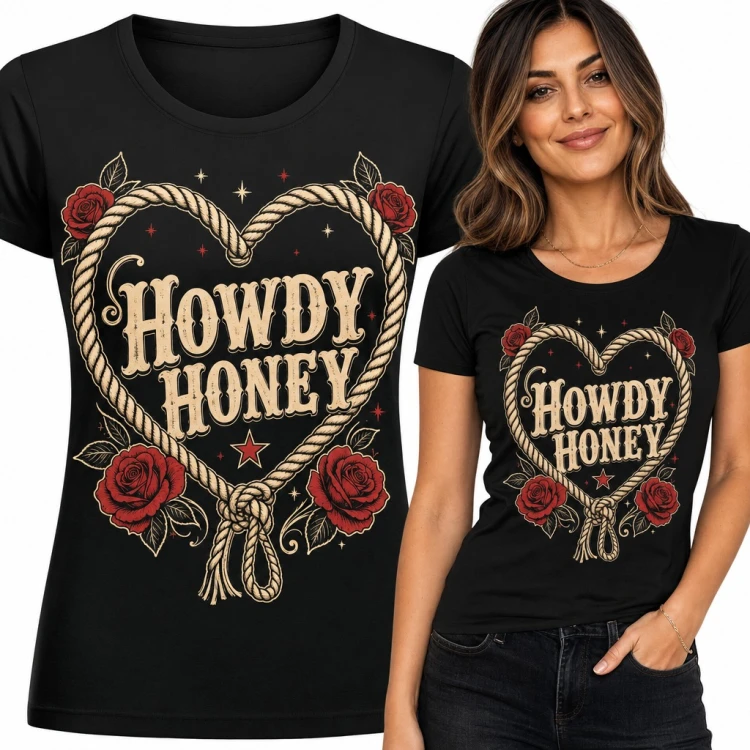 Koszulka damska „Howdy Honey” - westernowe serce z lassa i czerwone róże